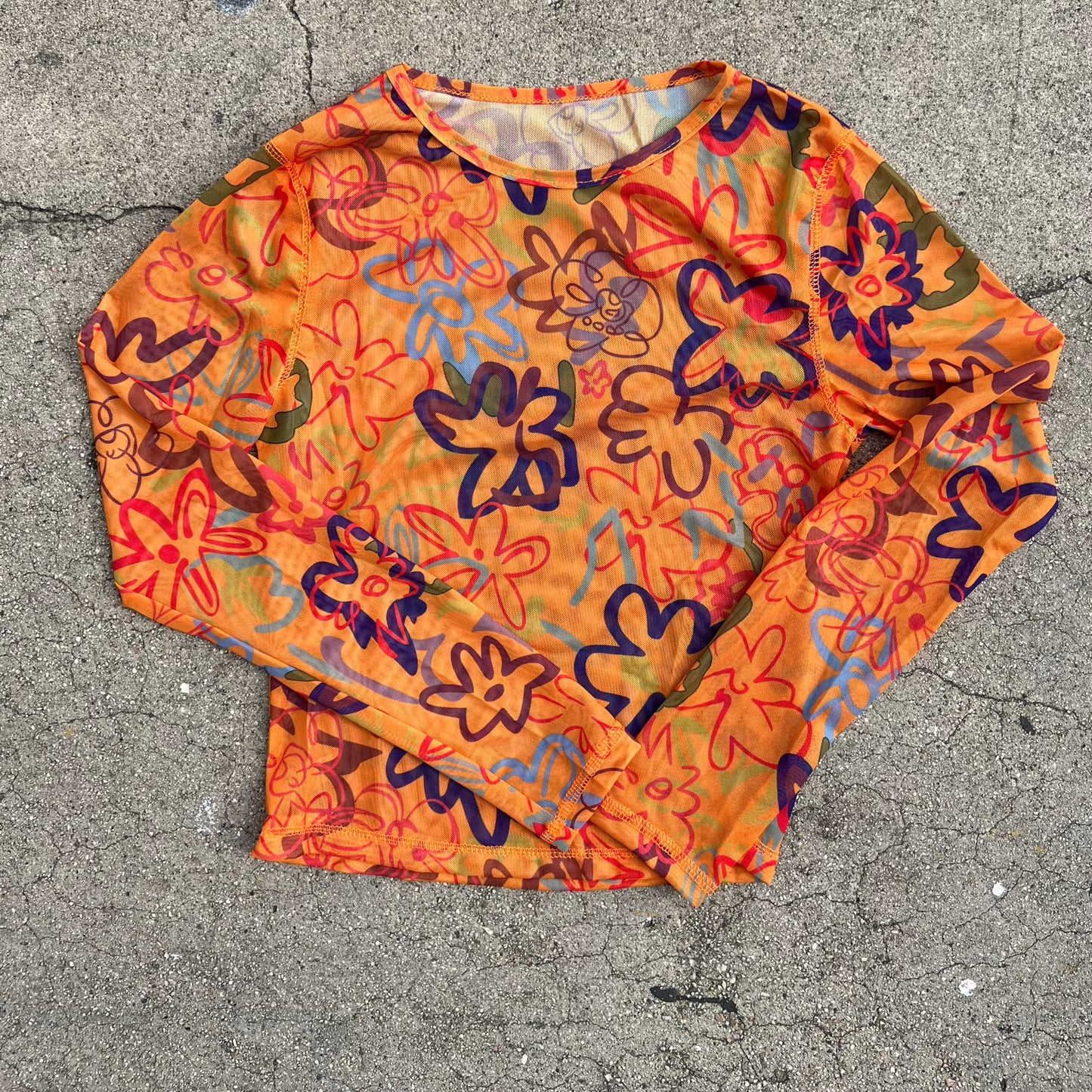 90s Orange Mesh Long Sleeve Top