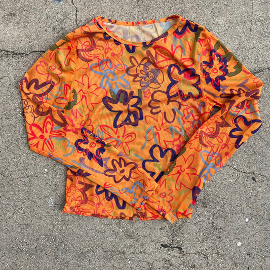 90s Orange Mesh Long Sleeve Top