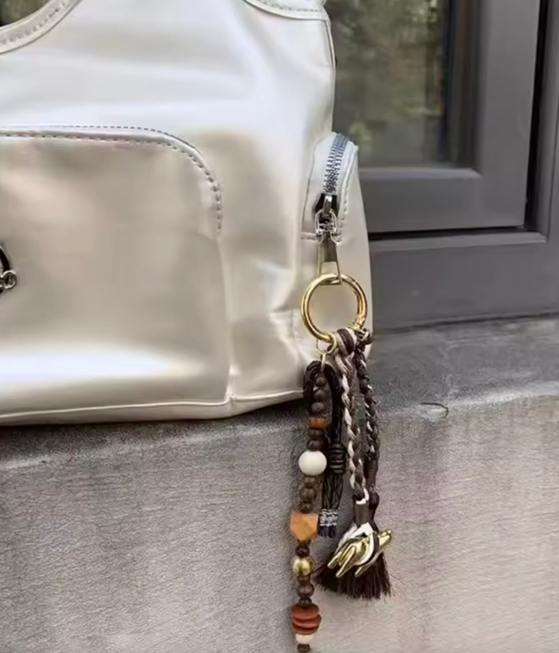 Horse, beads, and woven bag charm / key chain