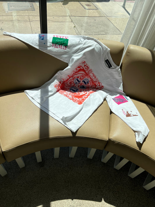 an extra large white cotton shirt with multiple collage prints on it - the front is a red and blue baroque print with a class ring like design. the sleeves each have two stamps on them each