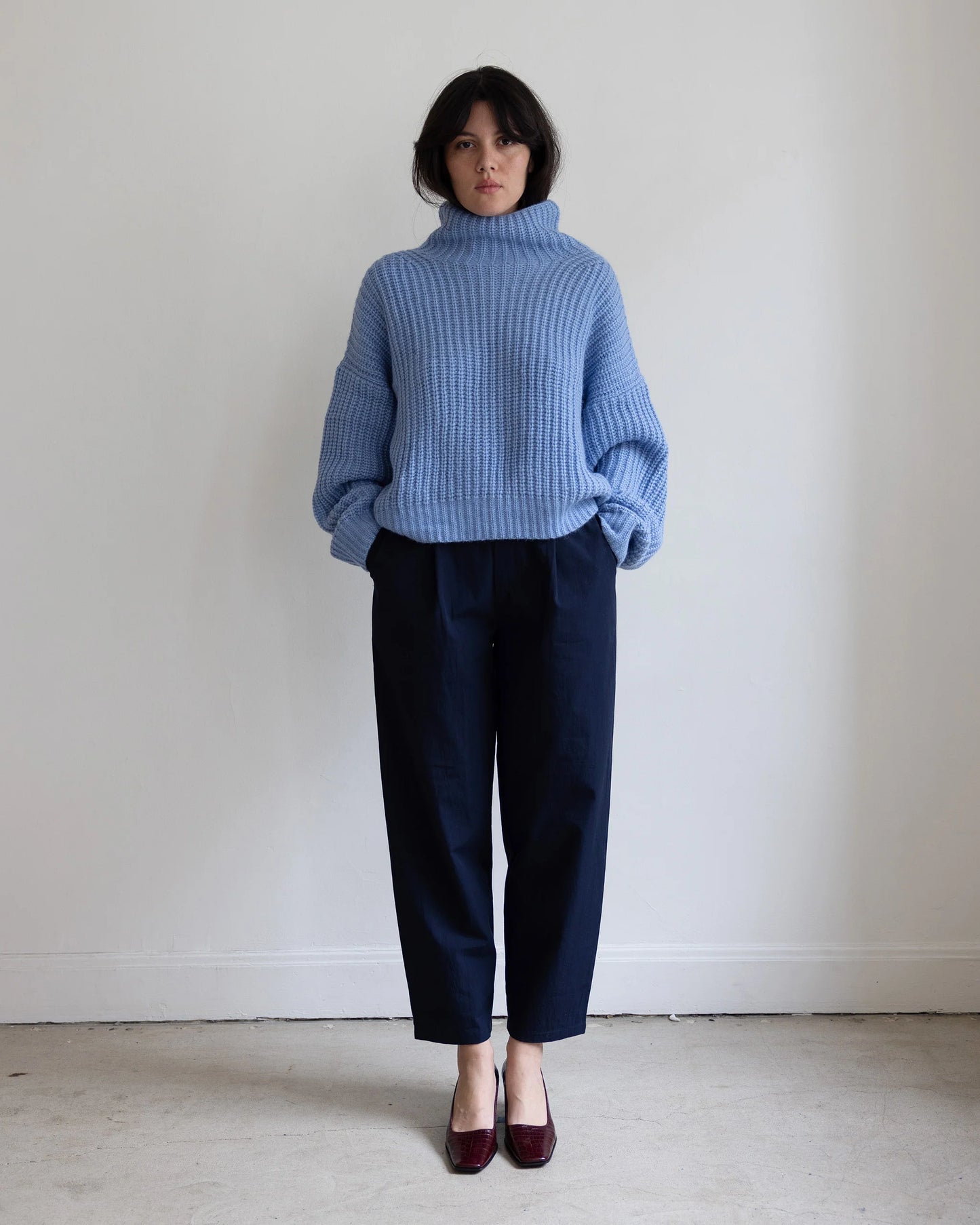 Pari Desai- Hals Funnel Neck Sweater in Gingerbread and Cloud Blue