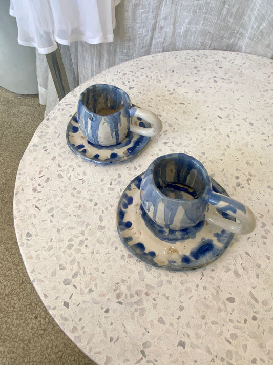 Tutto Passa blue drip stripped espresso cup set and plates