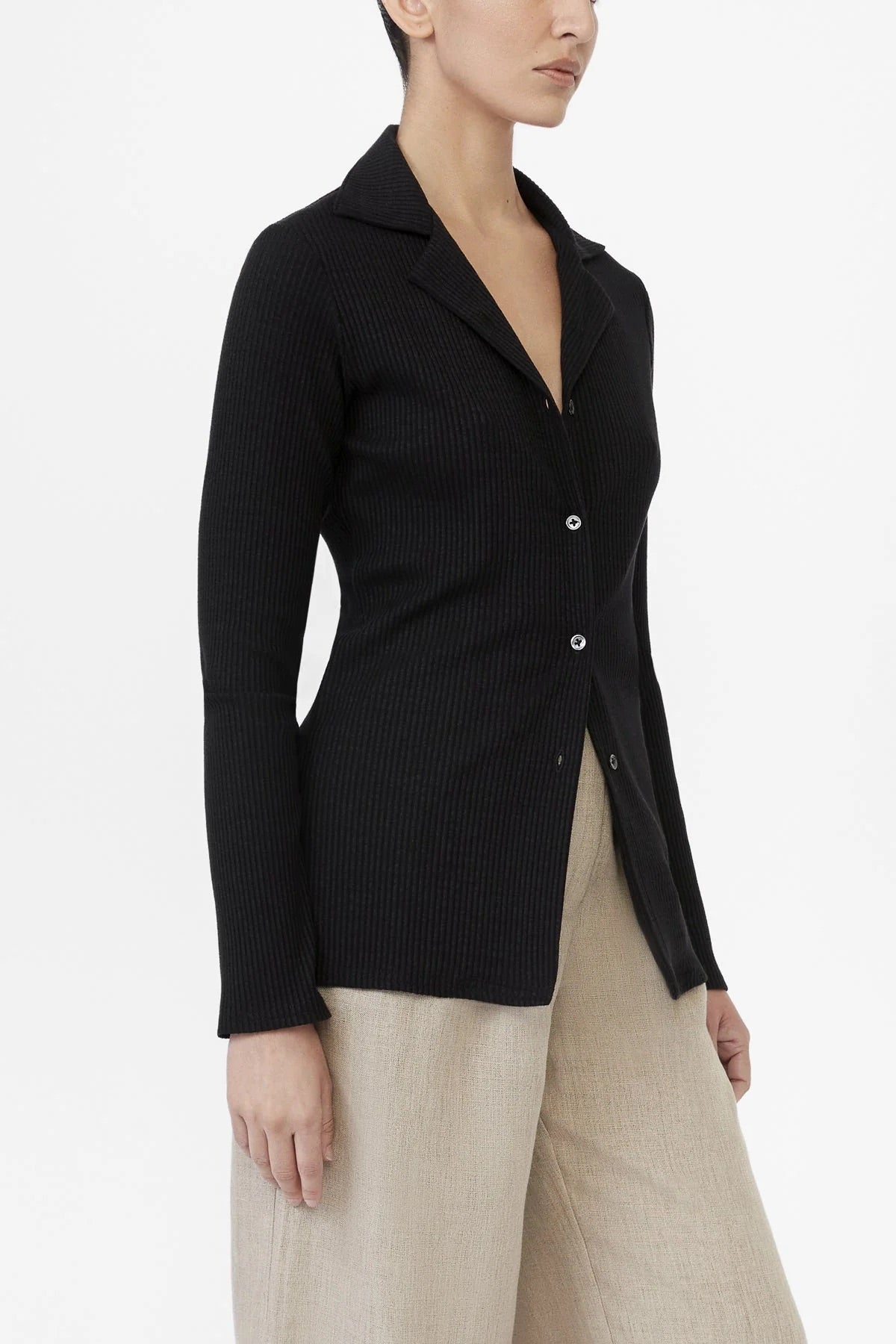 Modal Rib knit collared cardigan in black