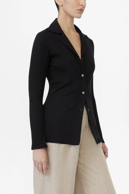 Modal Rib knit collared cardigan in black