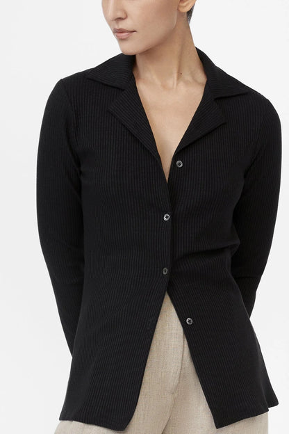 Modal Rib knit collared cardigan in black