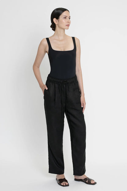 Essential drawstring linen pants in black