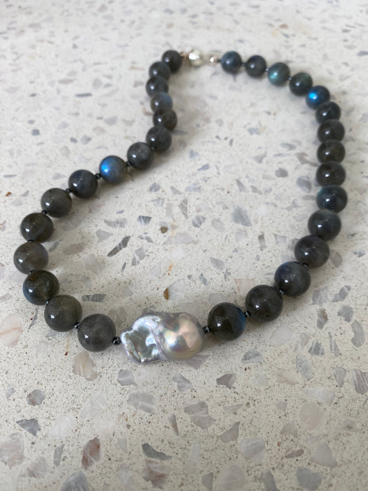 Poor Baby labradorite, baroque pearl and hematite necklace