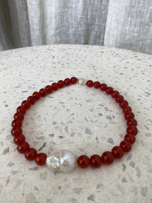 Poor baby carnelian and baroque pearl necklace