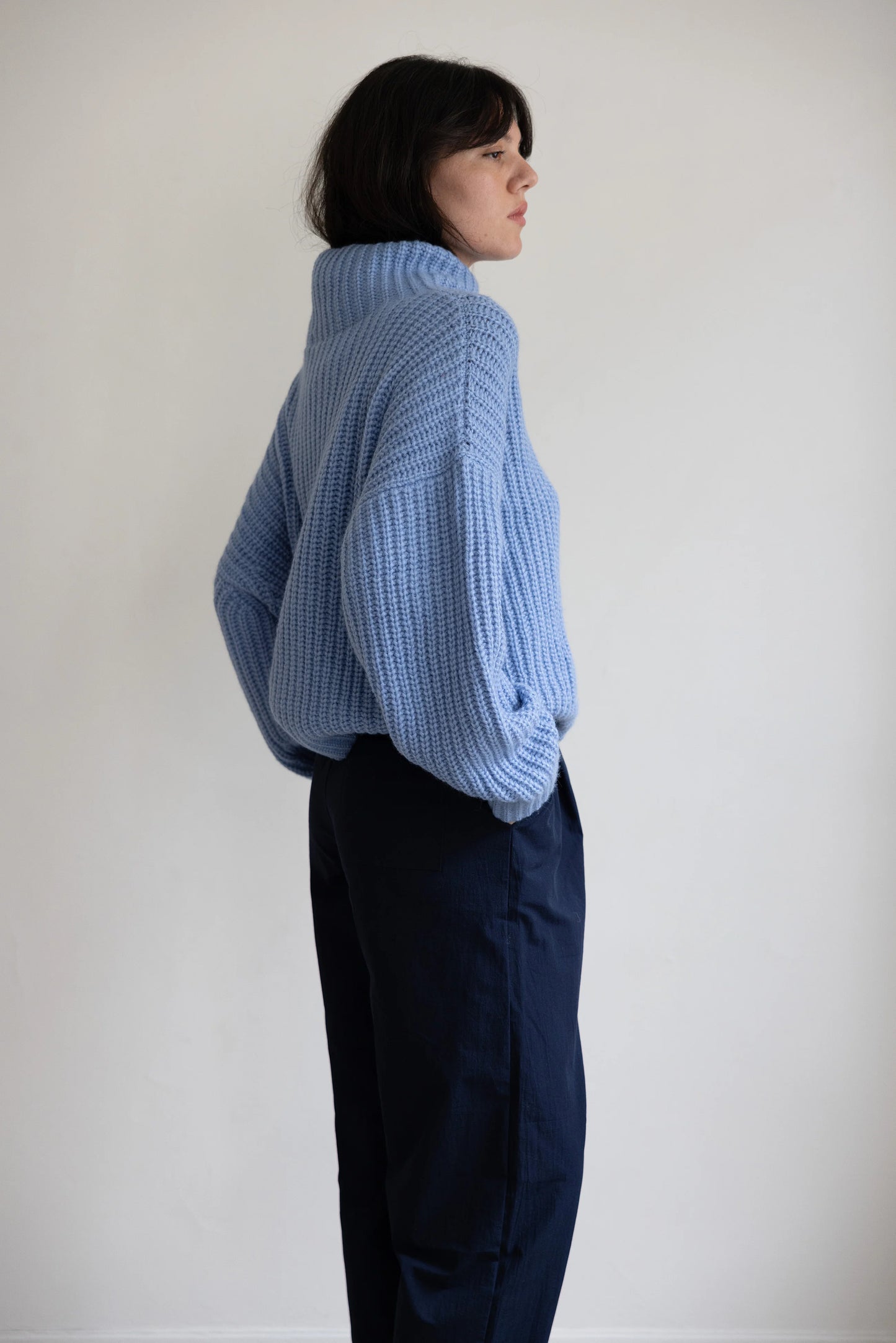 Pari Desai- Hals Funnel Neck Sweater in Gingerbread and Cloud Blue