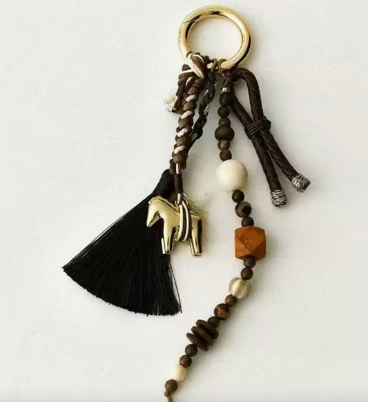 Horse, beads, and woven bag charm / key chain